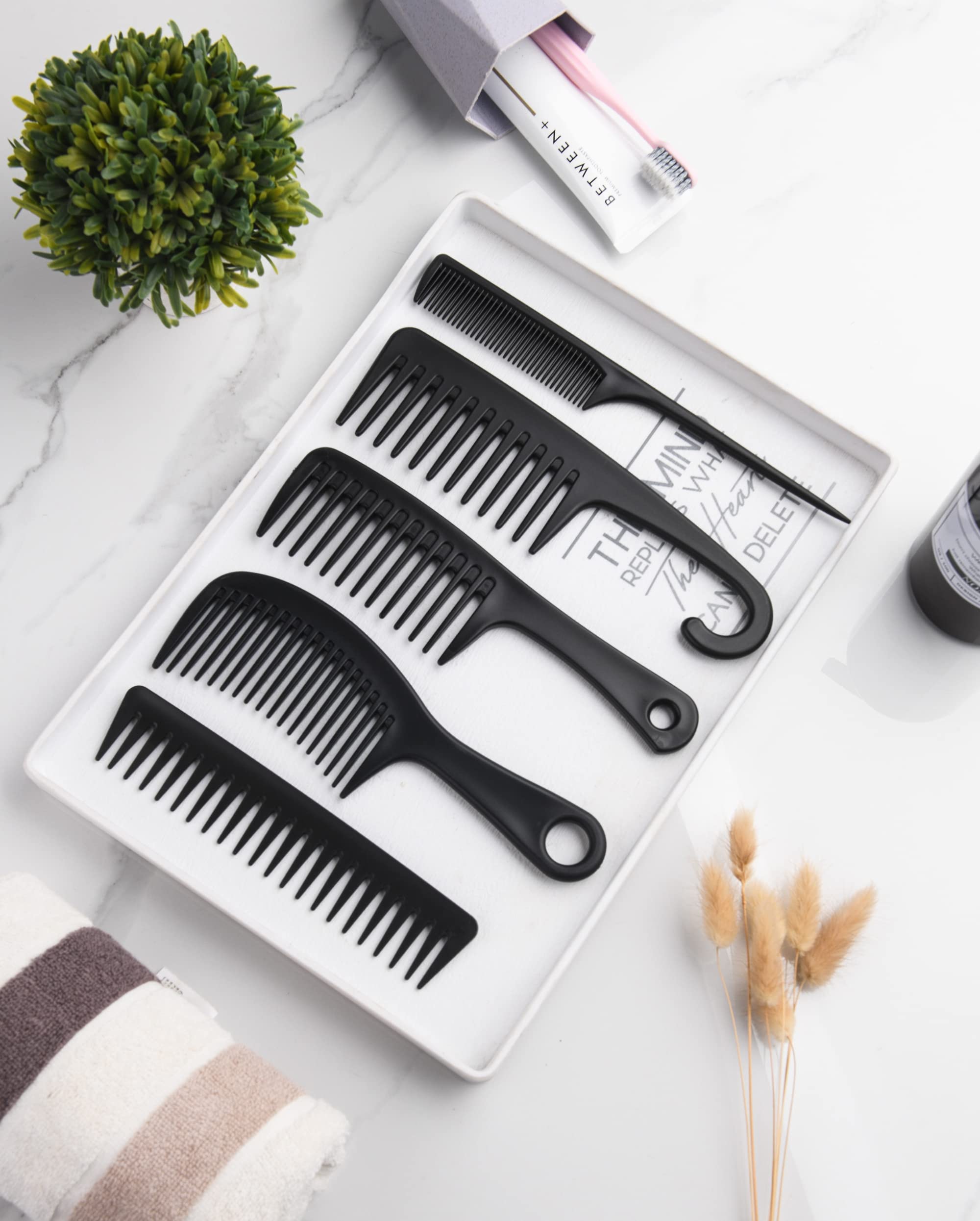 5 Pcs Hair Comb Set, Wide Tooth Detangling Comb,Large Shower Comb with Hook，Fine Tooth Rat Tail Comb Professional Styling, No Handle Women Brush For Curly, Wet, Dry, Long and Thick Hair.