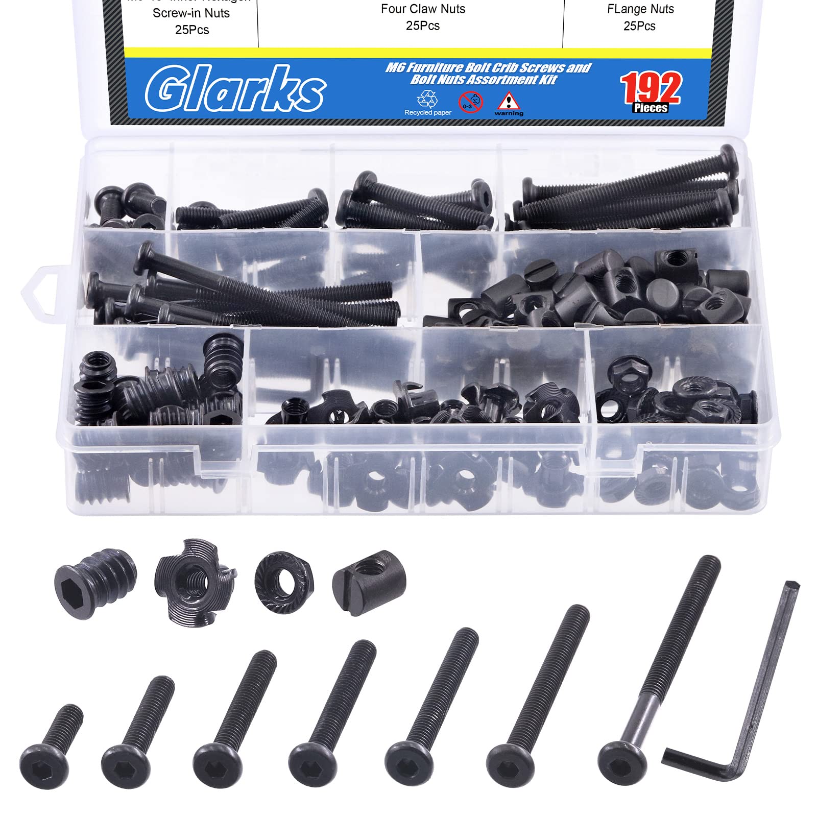 Glarks 192Pcs M6x20/30/40/50/60/70/80mm Baby Bed Crib Screws Bolts Hex Socket Head Cap Screw with Barrel Nuts, Threaded Insert Nuts, T-Nut, Flange Nut and Allen Wrench for Wood, Cabinetry, Furniture