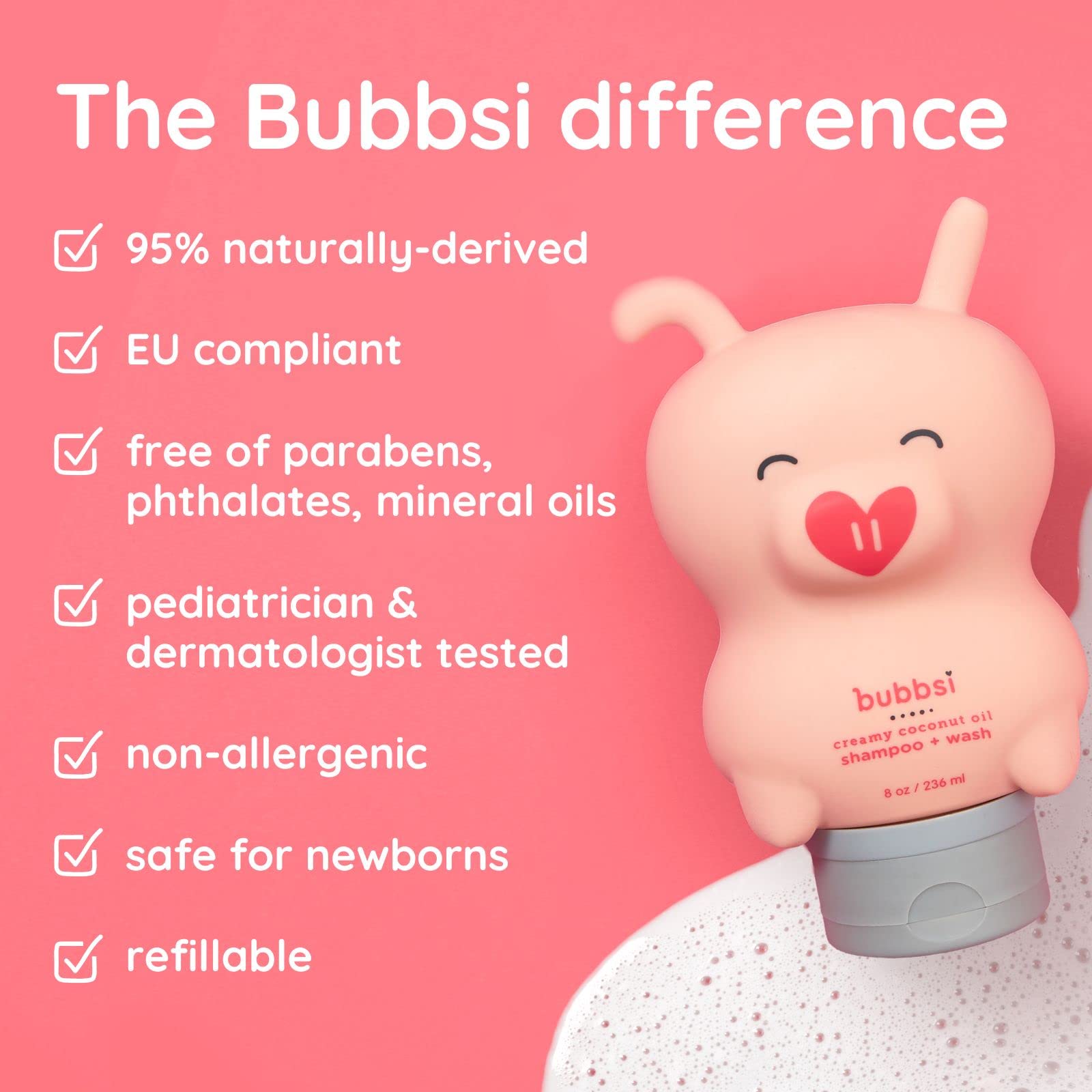 Bubbsi Creamy Coconut Oil Baby Shampoo & Wash | Light Natural Scent | Won't irritate eyes | Organic Coconut Oil + Shea | Gentle, Sulfate-free, Nourishing | Cradle Cap, Eczema (Refillable bottle, 8oz)