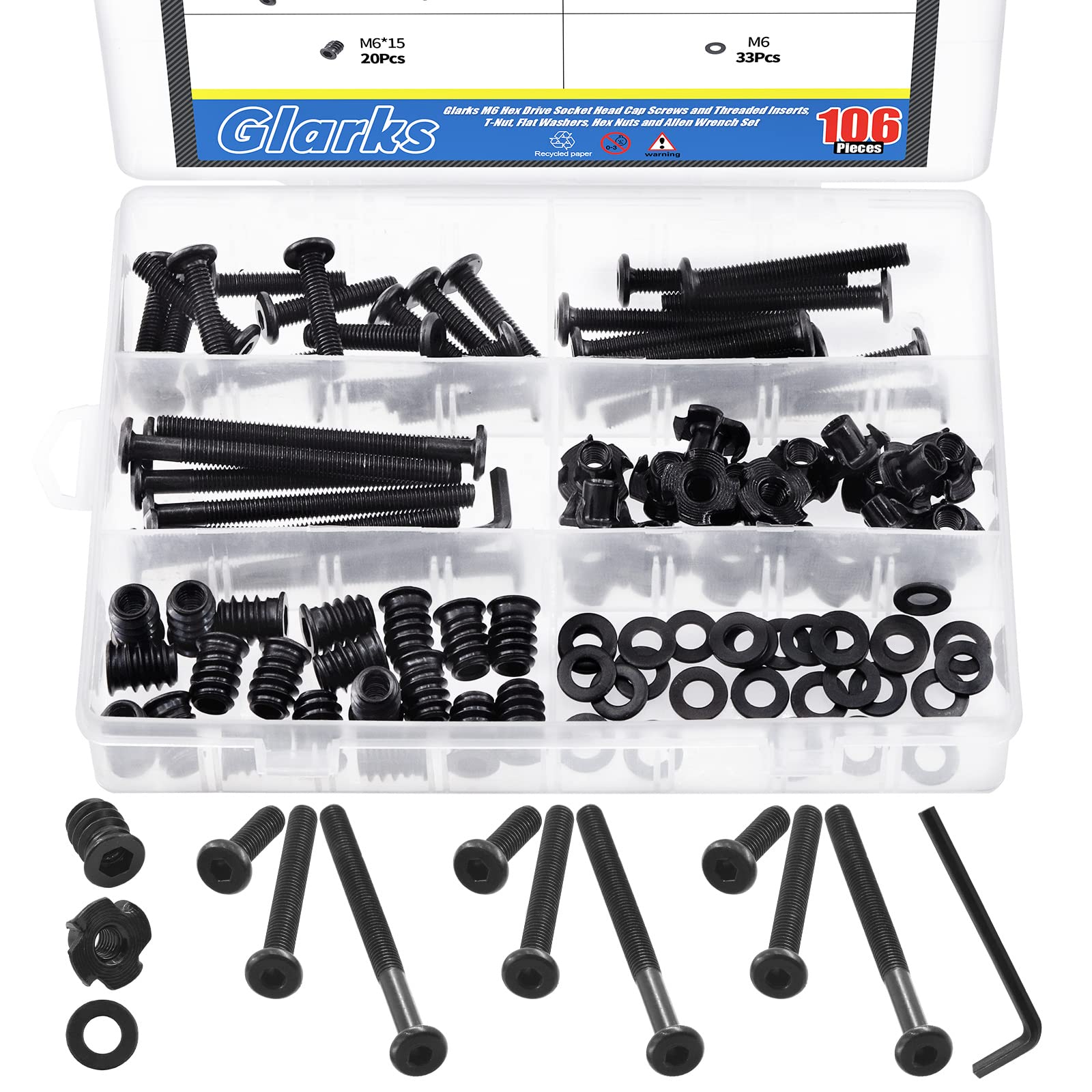 Glarks 107Pcs M6x30/50/70mm Black Hex Socket Cap Screws Bolts & M6 Threaded Inserts T-Nuts Assortment Kit with Flat Washers and Hex Wrench for Wood Furniture Fasteners