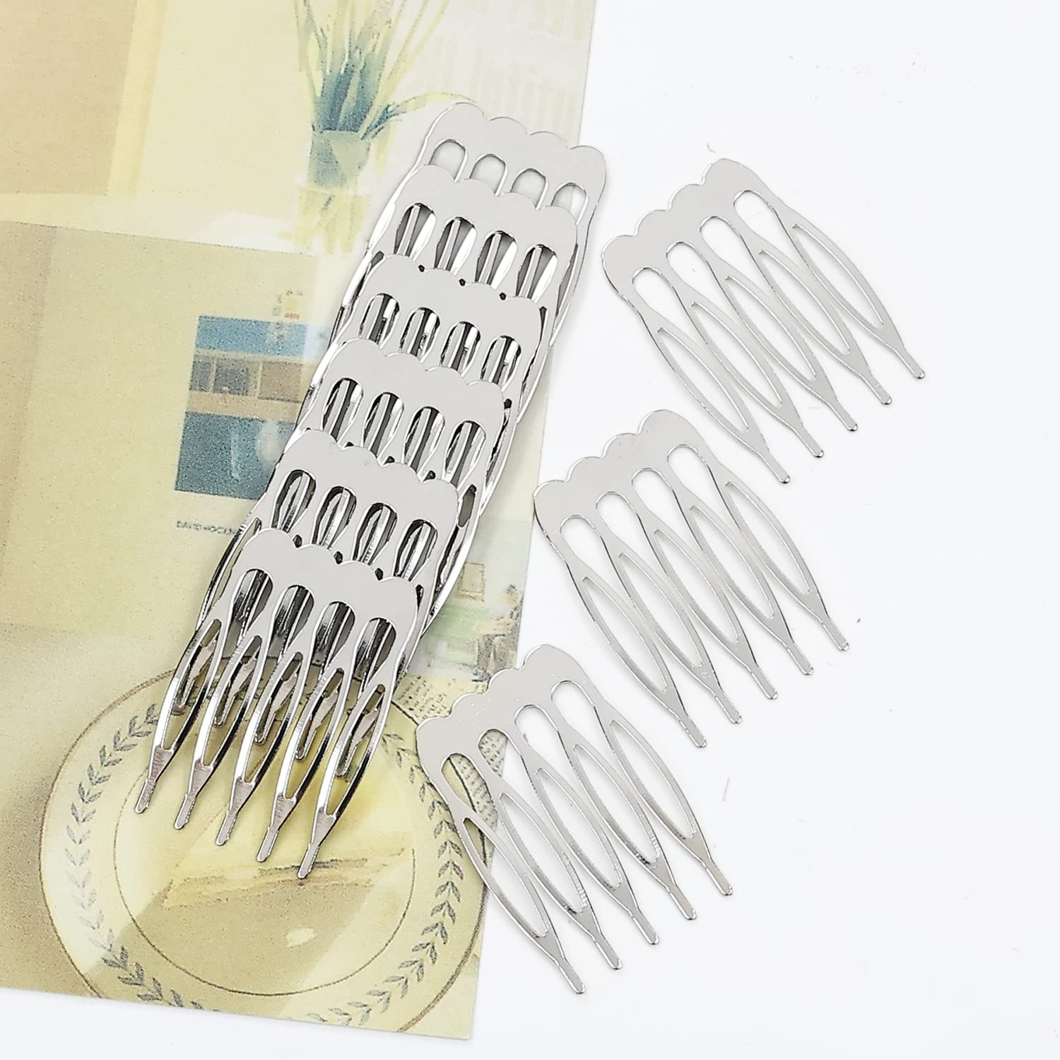 Lawie 20 Pack 5 Teeth Small Tiny Silver Metal Side Hair Combs Plain Blank Crafting DIY Slide Combs Wedding Bridal Veil Combs Decorative Headpiece French Twist Updo Clip Bun Holder Hair Accessories