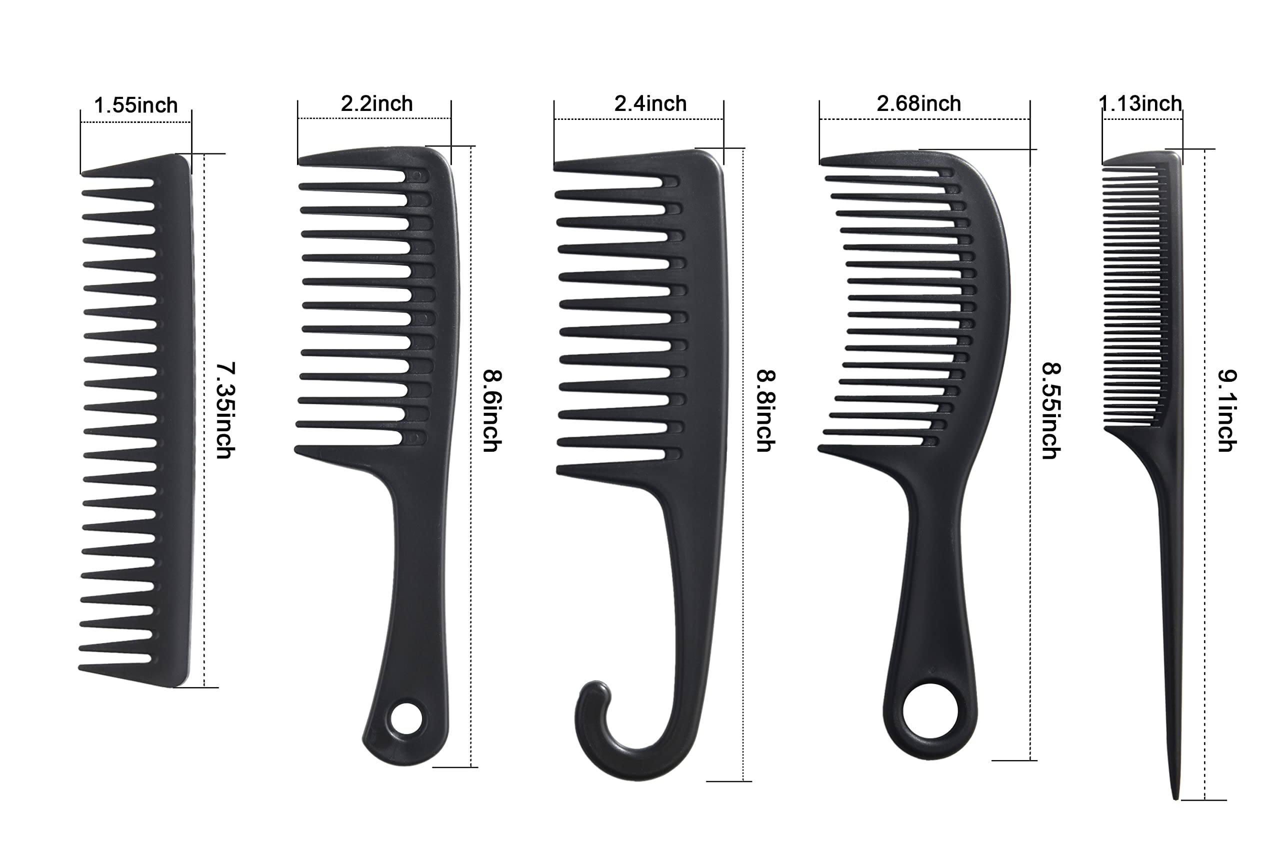 5 Pcs Hair Comb Set, Wide Tooth Detangling Comb,Large Shower Comb with Hook，Fine Tooth Rat Tail Comb Professional Styling, No Handle Women Brush For Curly, Wet, Dry, Long and Thick Hair.