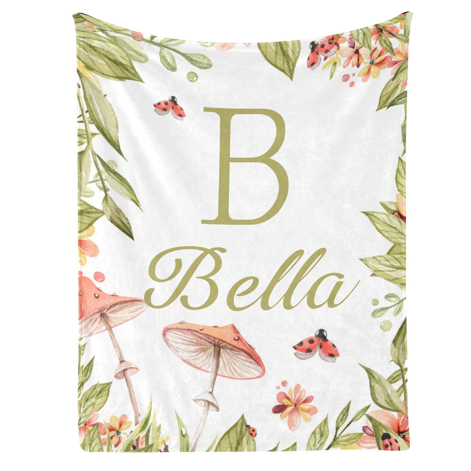 Leaves Mushroom Ladybird Personalized Monogramed Baby Shower Blanket for Baby Girl Boy, Custom Name Soft Warm Newborn Throw Blanket 30X40 in