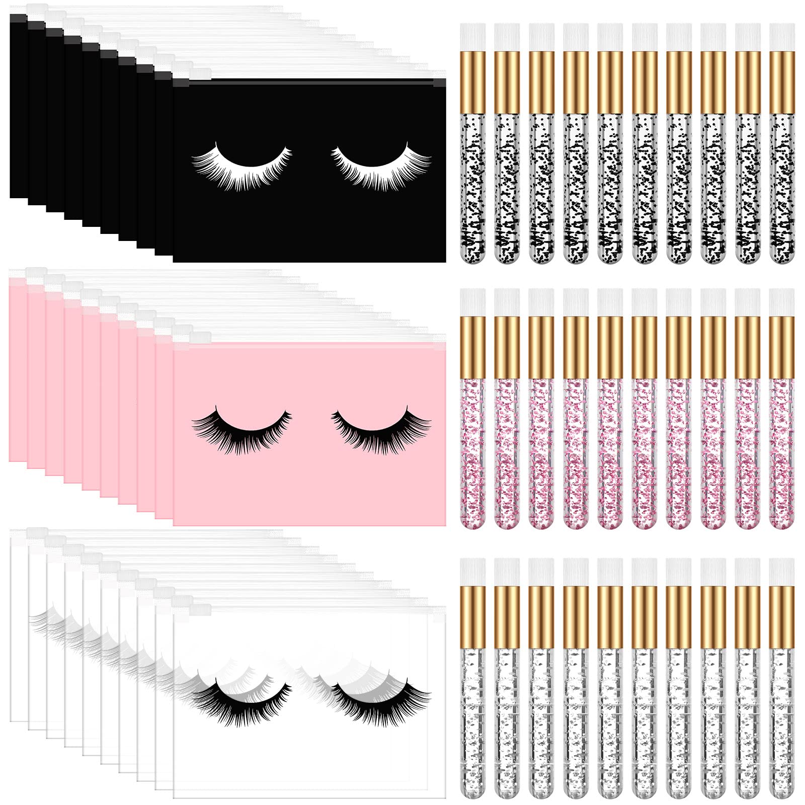 60 Pcs Lash Shampoo Brushes Set, Nose Pore Deep Cleaning Brush Makeup Lash Aftercare Bags Eyelash Brushes for Cleansing Zipper Cosmetic Eyelash Bags Eyelash Extension Brush for Women(Glitter Style)