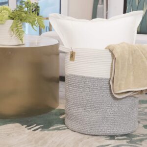 COMFY-HOMI 4pc Baskets = 1pc 21x21x13.6”Rope Laundry Basket + 1pc Tall Rope Baskets 18X16”with Handle Laundry Storage Bin + 2pc Small Gift Baskets - White and Grey