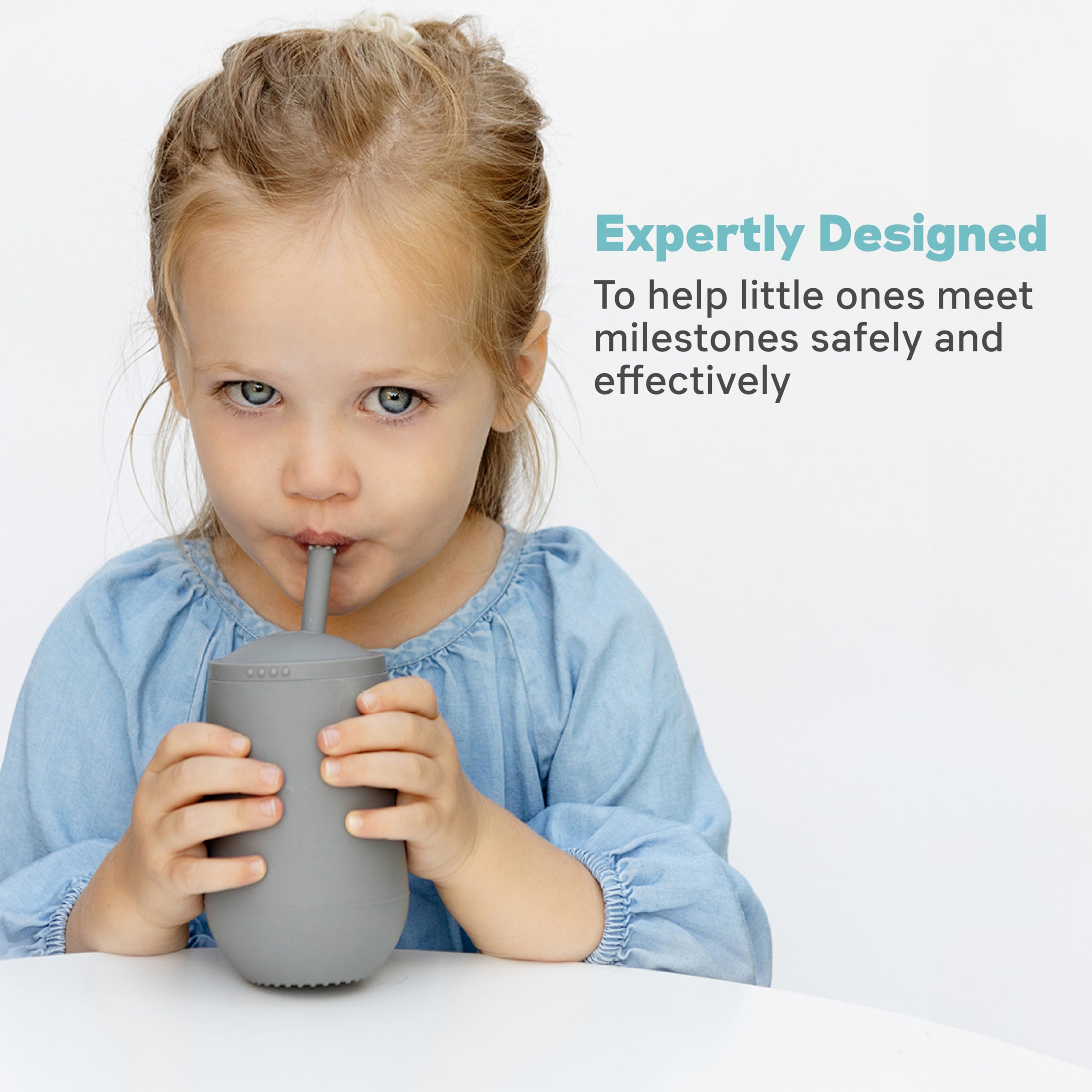 ezpz Happy Cup + Straw System - 24 months+ (Gray) - 100% Silicone Cup + Straw for Older Toddler + Preschoolers