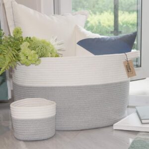 COMFY-HOMI 4pc Baskets = 1pc 21x21x13.6”Rope Laundry Basket + 1pc Tall Rope Baskets 18X16”with Handle Laundry Storage Bin + 2pc Small Gift Baskets - White and Grey