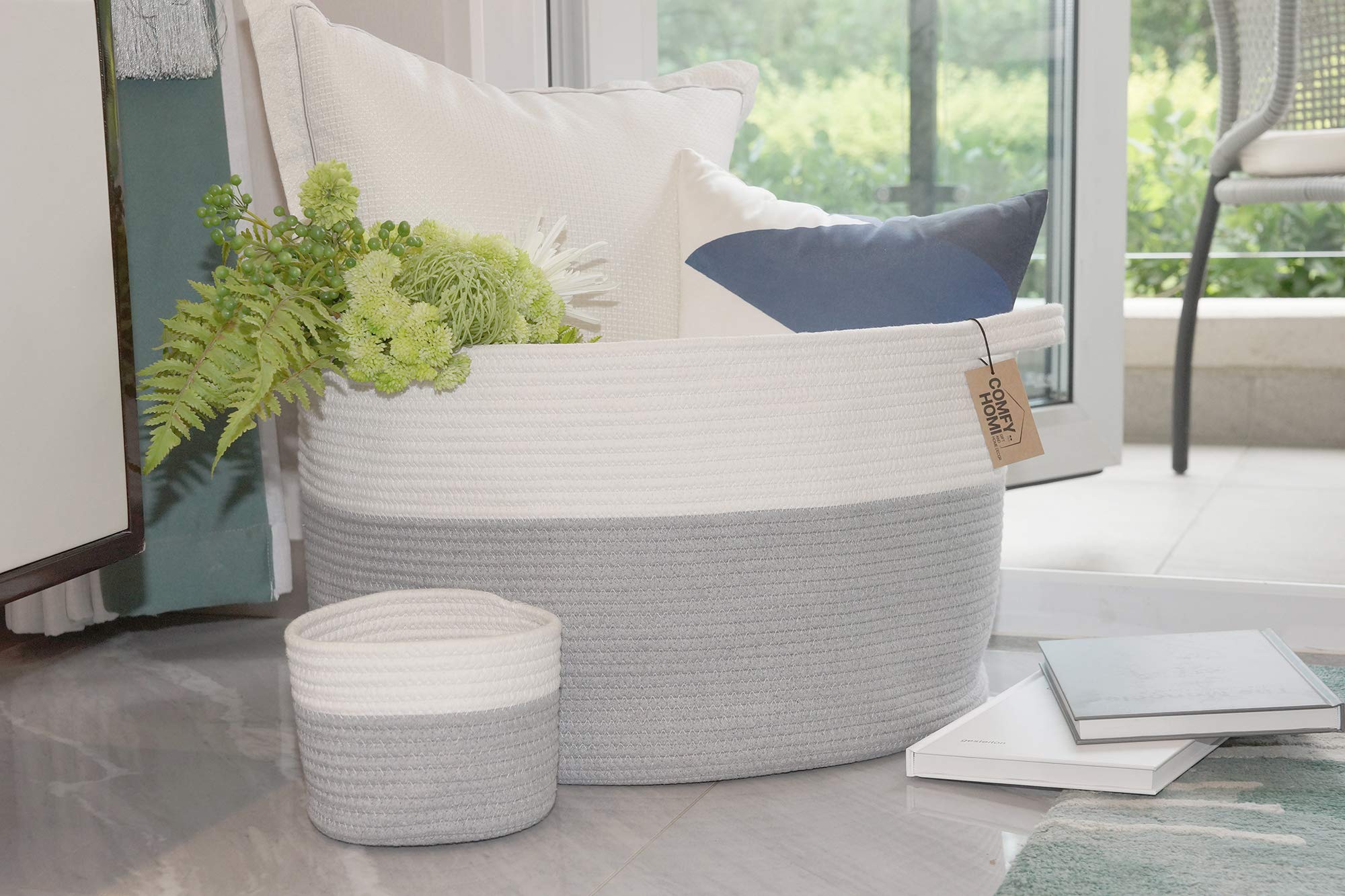 COMFY-HOMI 4pc Baskets = 1pc 21x21x13.6”Rope Laundry Basket + 1pc Tall Rope Baskets 18X16”with Handle Laundry Storage Bin + 2pc Small Gift Baskets - White and Grey