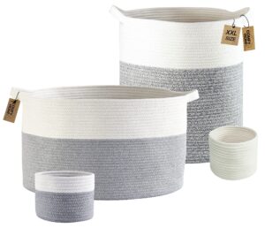 comfy-homi 4pc baskets = 1pc 21x21x13.6”rope laundry basket + 1pc tall rope baskets 18x16”with handle laundry storage bin + 2pc small gift baskets - white and grey