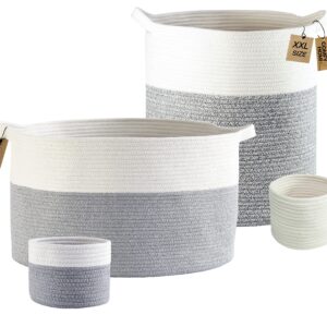 COMFY-HOMI 4pc Baskets = 1pc 21x21x13.6”Rope Laundry Basket + 1pc Tall Rope Baskets 18X16”with Handle Laundry Storage Bin + 2pc Small Gift Baskets - White and Grey