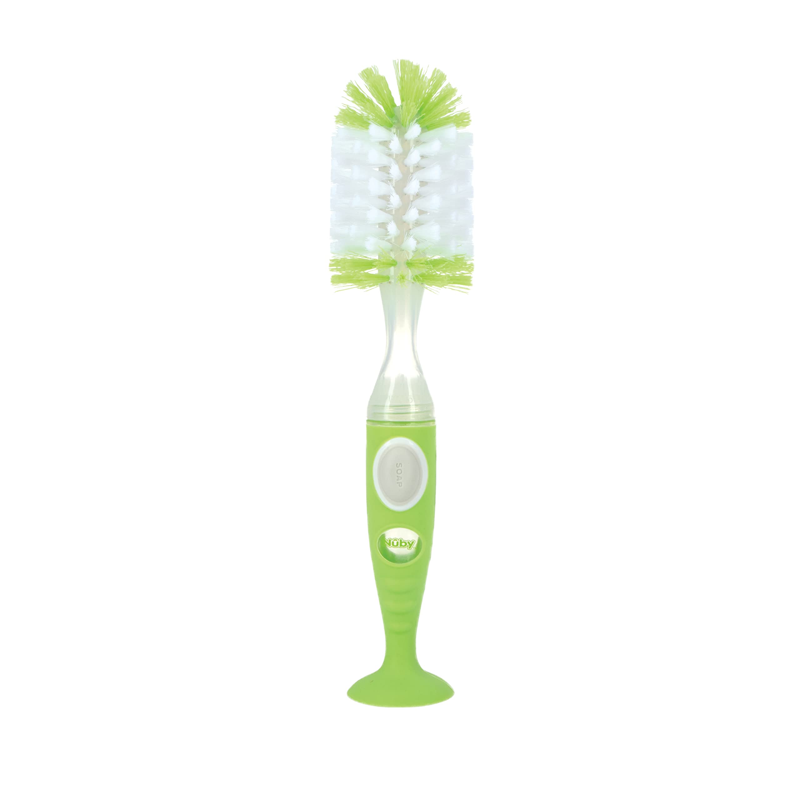 Nuby Easy Clean Dispensing Soft and Durable Bristle Bottle Brush with Textured Handles and Suction Base, 2 in 1 System, Green