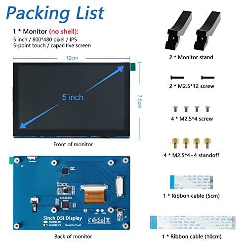 FREENOVE 5 Inch Touchscreen Monitor for Raspberry Pi 5 4 B 3 B+ A+, 800x480 Pixel IPS Display, 5-Point Touch Capacitive Screen, Driver-Free MIPI DSI Port