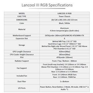 LIAN LI Lancool III RGB Black Aluminum/SECC/Tempered Glass Gaming Case with 4 × 140 PWM Fans (ARGB) - LANCOOL 3R-X