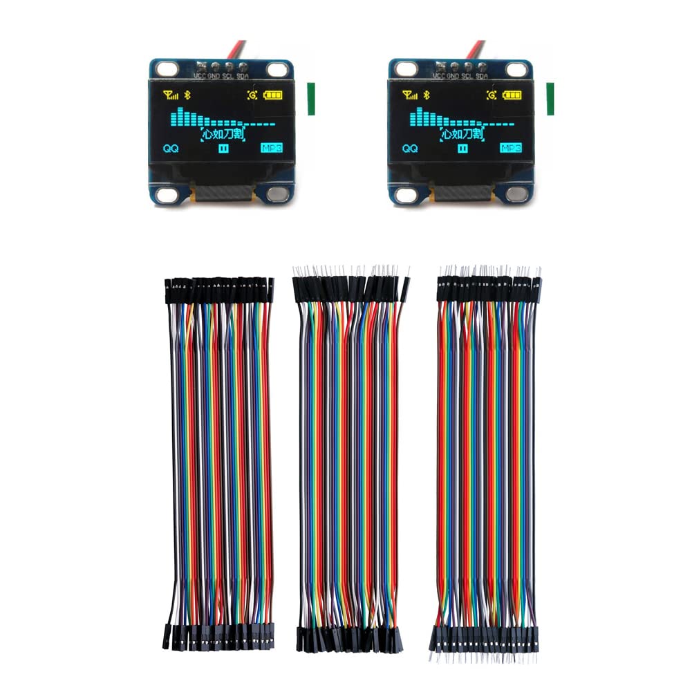 DIYmall 2pcs 0.96" Inch Blue and Yellow I2c IIC Serial 128x64 OLED LCD Module + 120pcs 20cm Dupont Wire Ribbon Cables Kit for Arduino Display Raspberry Pi 51 Msp420 STIM32 SCR Micro:bit