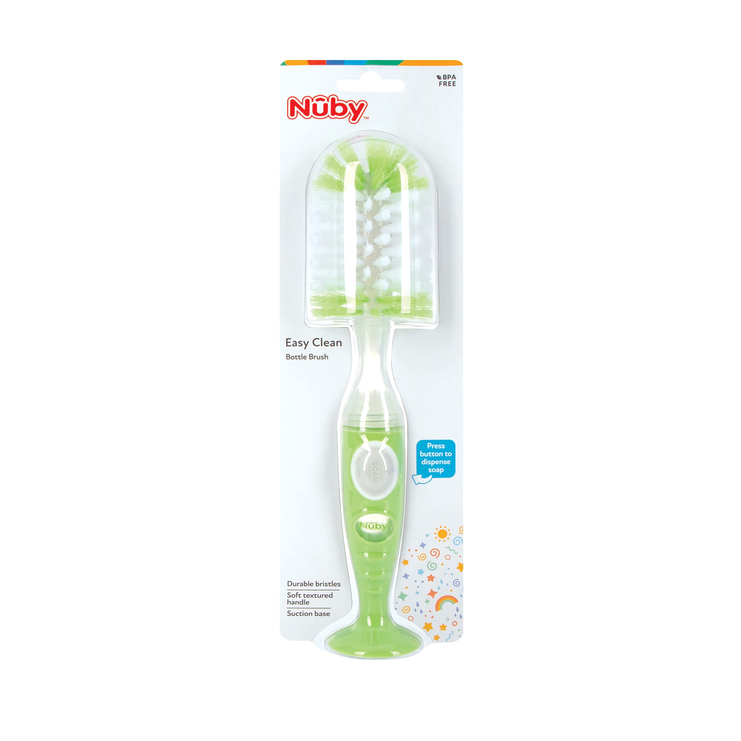 Nuby Easy Clean Dispensing Soft and Durable Bristle Bottle Brush with Textured Handles and Suction Base, 2 in 1 System, Green