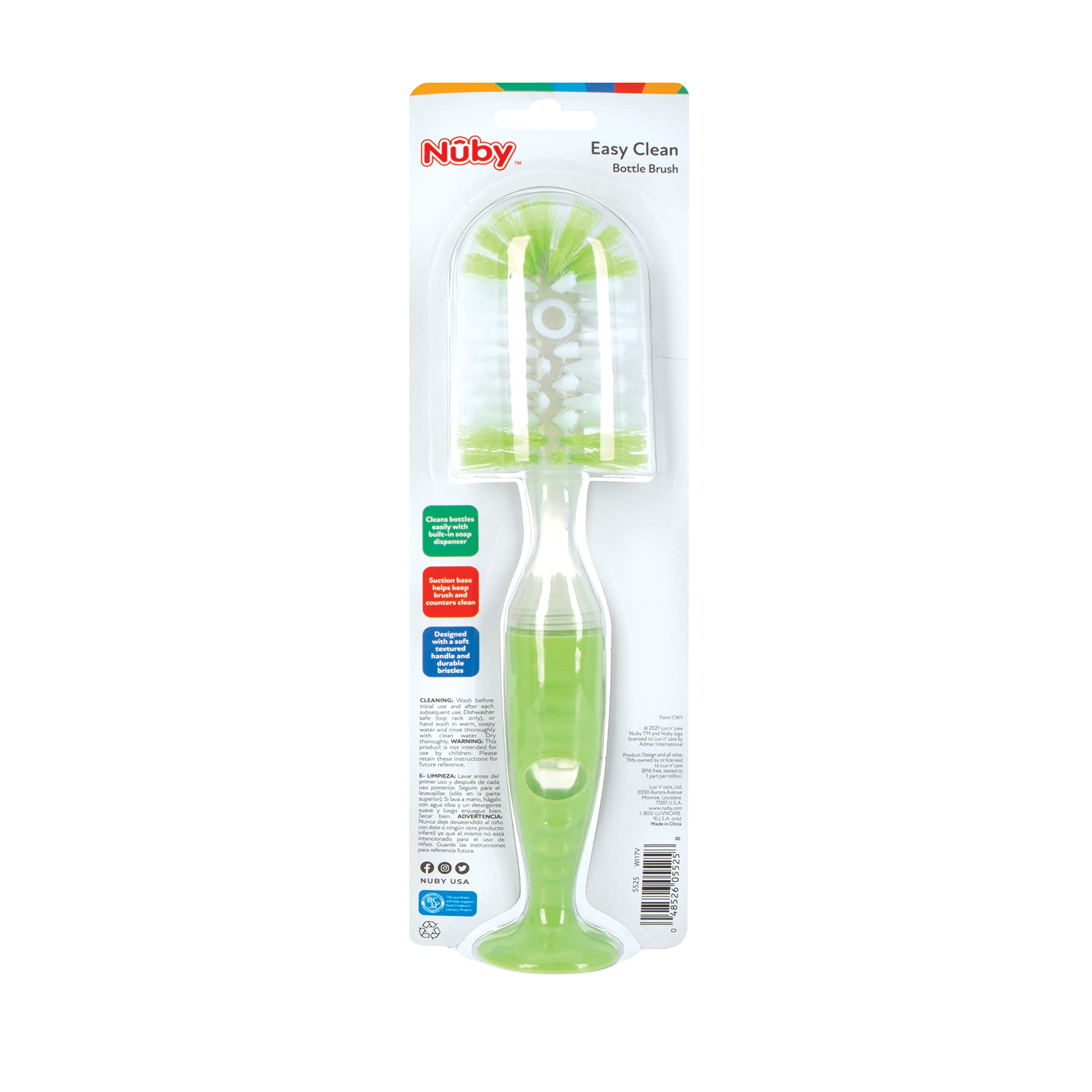 Nuby Easy Clean Dispensing Soft and Durable Bristle Bottle Brush with Textured Handles and Suction Base, 2 in 1 System, Green