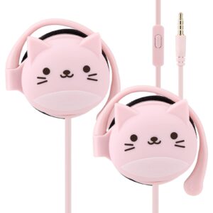 qearfun cat earbuds for kids with ear hooks, kawakii wired over ear headphones earphones gifts for school girls and boys with microphone & ear loops pink