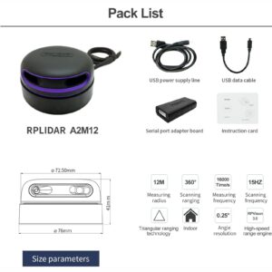 Slamtec RPLIDAR A2M12 360 Degree 2D Lidar Sensor Kit, 15Hz Scan Rate and 12 Meters Distance Module for Intelligent Obstacle Avoidance/Robot/Maker Education