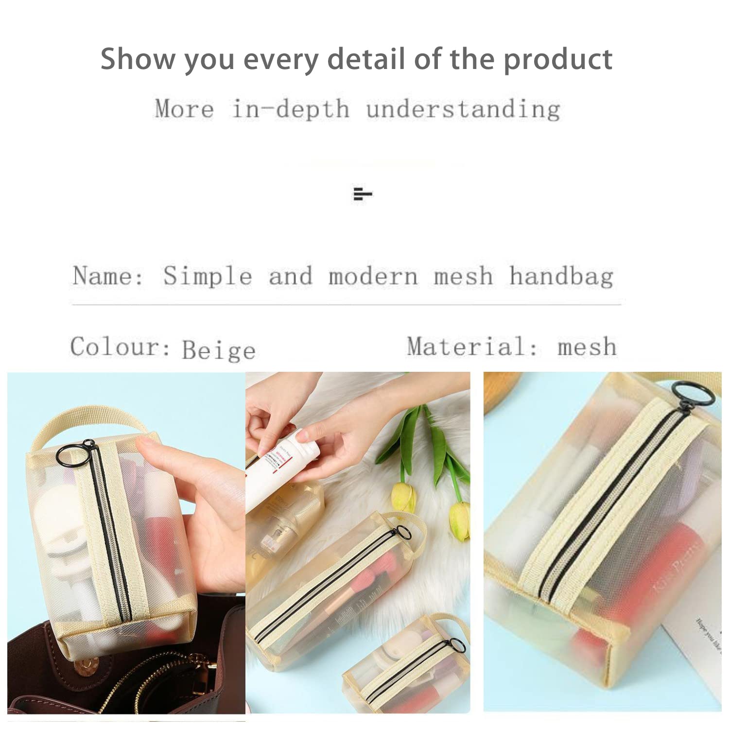 Gidary Mesh Cosmetic Bag Mesh Zipper Pouch Clear Cosmetic Bags for Home Travel Accessories Organizer 3PCS (Beige)