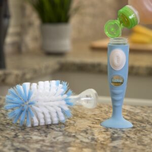 Nuby Easy Clean Dispensing Soft and Durable Bristle Bottle Brush with Textured Handles and Suction Base, 2 in 1 System, Green