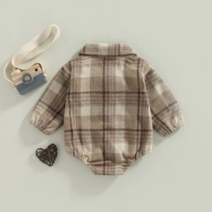 Baby Boy Plaid Shirt Romper Flannel Long Sleeve Oversized Tops Infant Button Down Fall Clothes (Coffee,0-6 Months)