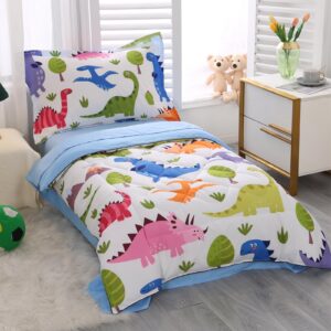 Wowelife Dinosaur Toddler Bedding Sets for Boys 4 Pieces Dinosaur Toddler Bed Set White Toddler Comforter Set with Comforter, Flat Sheet, Fitted Sheet and Pillowcase