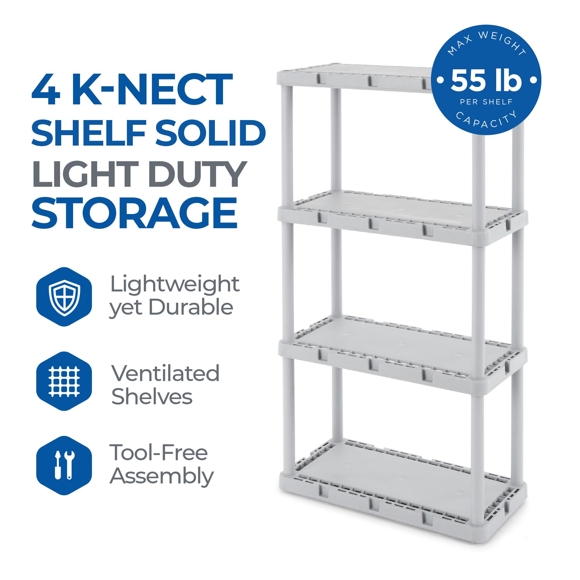 Gracious Living Knect-A-Shelf Fixed Height 4 Tier Storage System Unit Light Duty for Home, Garage, and Laundry Room, 24 x 12 x 48, Gray (2 Pack)