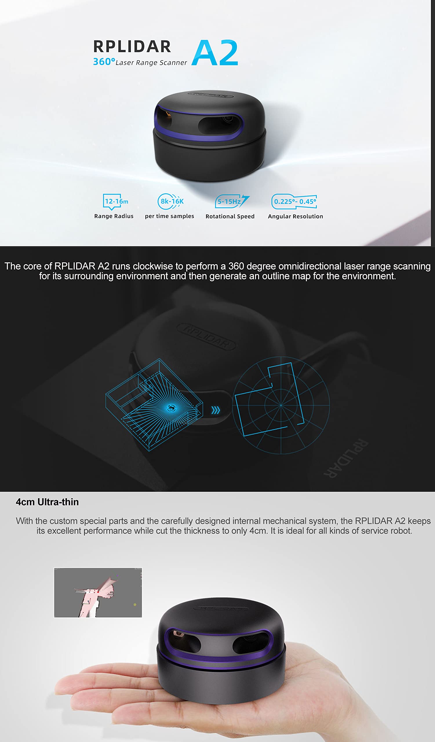 Slamtec RPLIDAR A2M12 360 Degree 2D Lidar Sensor Kit, 15Hz Scan Rate and 12 Meters Distance Module for Intelligent Obstacle Avoidance/Robot/Maker Education