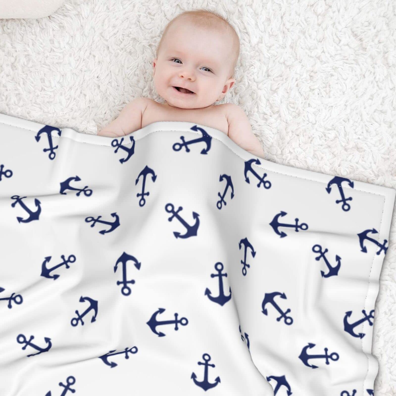 Baby Blanket Anchor for Boy Girl White Navy Marine Newborn 30x40 Inch Toddler Infant Nursery Throw Blankets Double Layer Comfy Soft Plush Stroller Crib Quilt