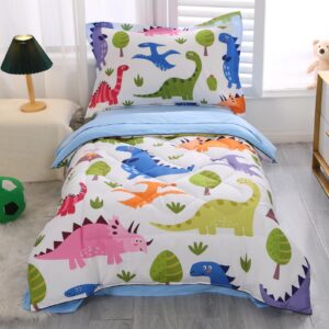 wowelife dinosaur toddler bedding sets for boys 4 pieces dinosaur toddler bed set white toddler comforter set with comforter, flat sheet, fitted sheet and pillowcase