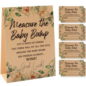 1 measure the baby bump kraft sign & 50 guessing cards set, gender neutral baby shower, baby showers decorations, baby shower games/083kf