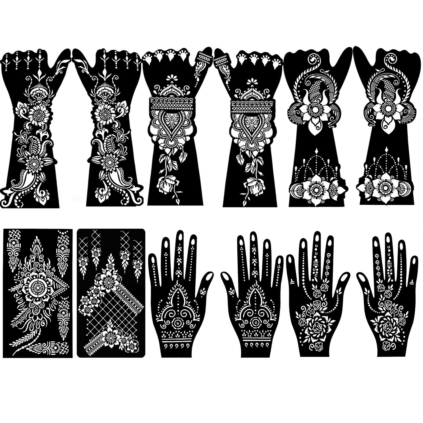 QSTOHENA 12 Sheets Large Henna Tattoo Stencils Kit,Reusable Self Adhesive Tattoo Template For Women Girls Hand Body Paint Indian Arabian Tattoo Stickers