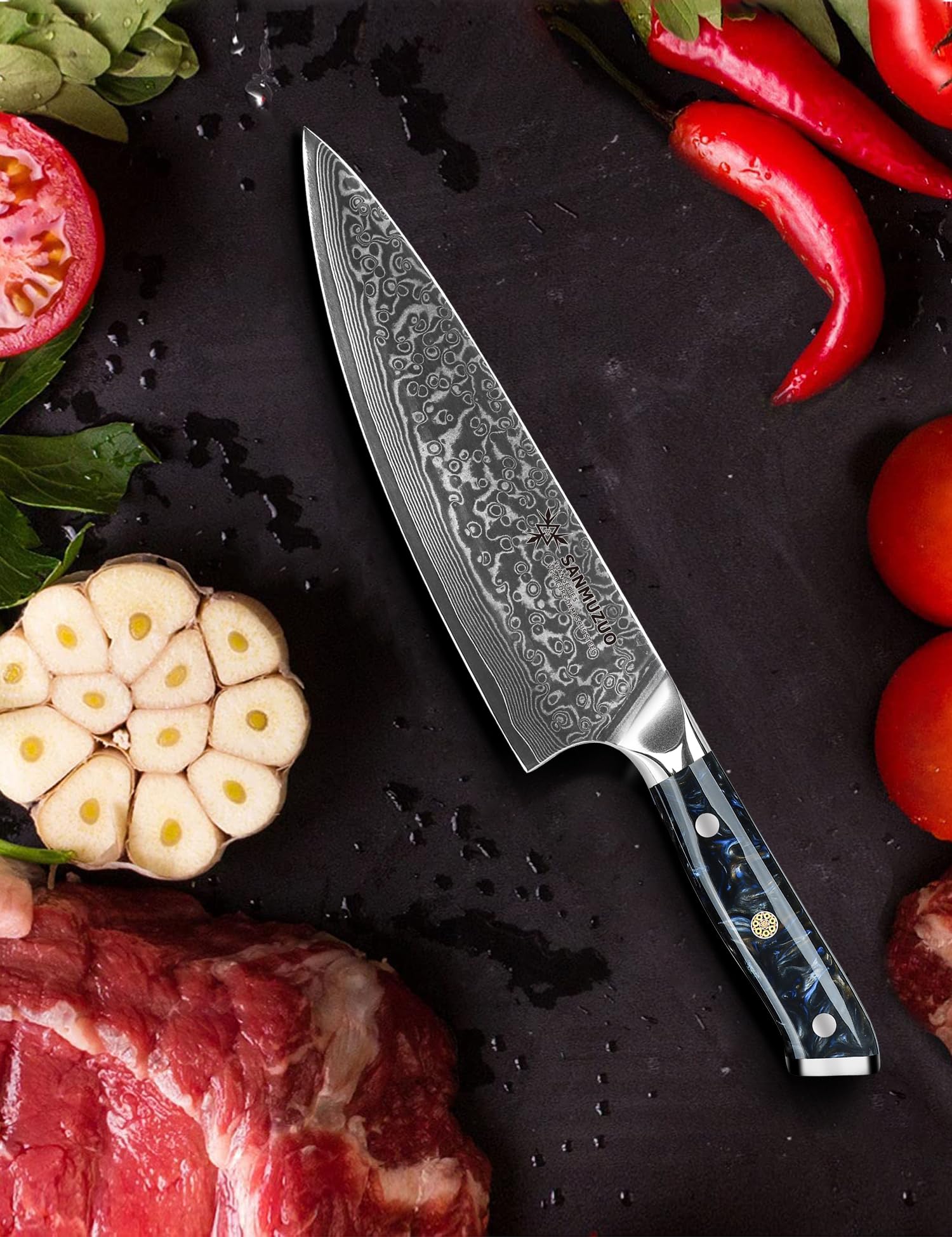 SANMUZUO Chef Knife - 8 inch - Xuan Series - VG10 Damascus Steel Kitchen Knife - Resin Handle (Starry Black)