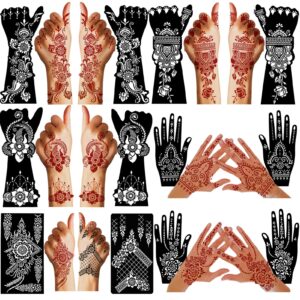 QSTOHENA 12 Sheets Large Henna Tattoo Stencils Kit,Reusable Self Adhesive Tattoo Template For Women Girls Hand Body Paint Indian Arabian Tattoo Stickers