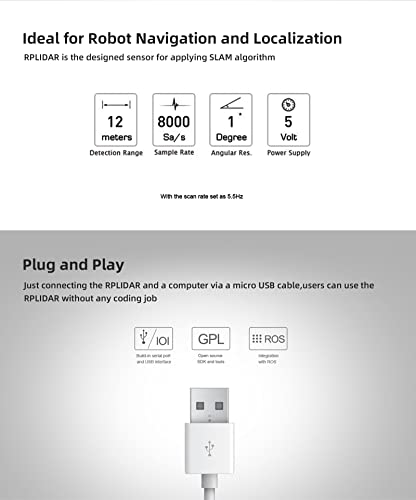 youyeetoo RPLIDAR A2M12 360 Degree Lidar Scanner 12Meter(39ft) Measuring Distance, 16000 Hz Sampling Frequency Compatible with A2 Previous SDK