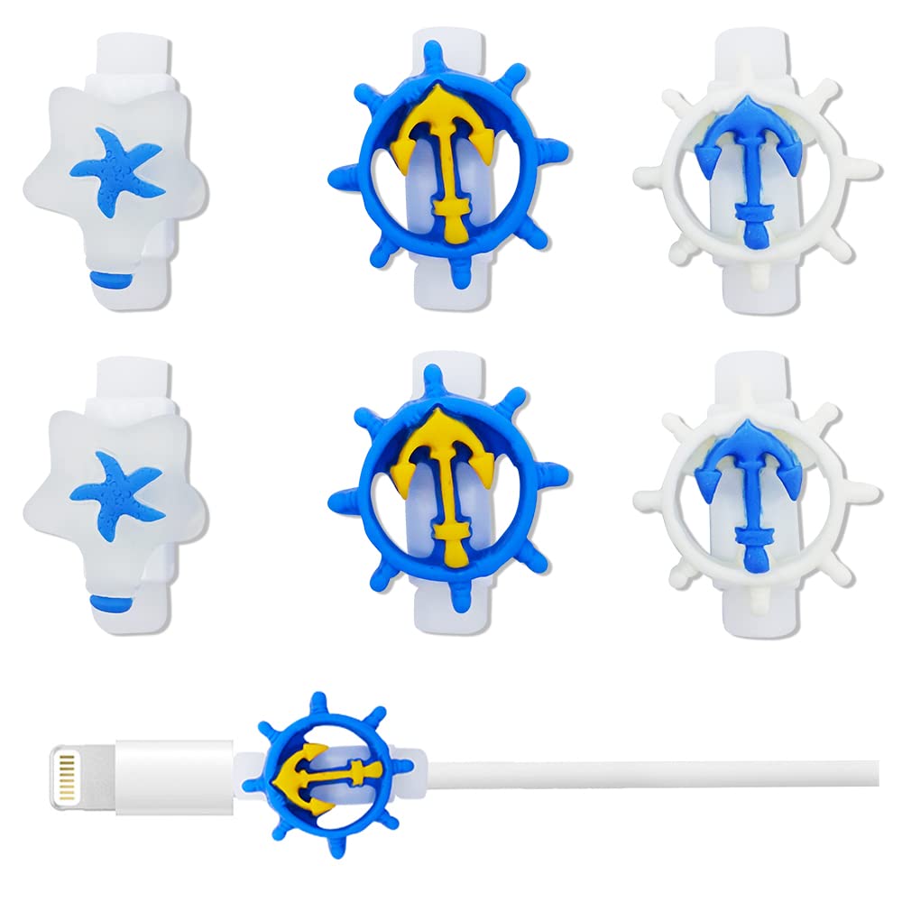 6pcs Ocean Charger Cable Protector for iPhone/ipad USB Cable, Cute Blue Plastic Cable Protectors Rudder Starfish Bites Protect USB Charger Phone Cable Accessories for Apple Cellphone Tablet Data Lines