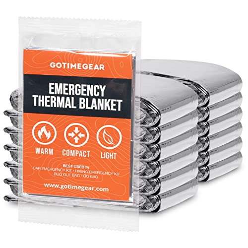 Go Time Gear Emergency Blankets for Survival (12 Pack), Mylar Emergency Survival Gear for Home, Camping, Hiking & Outdoor Survival Kits, Stay Warm, Dry, & Safe with Our Compact Space Blanket