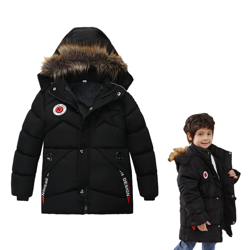 XIFAMNIY Boys Down Jacket Fur Collar Hood Thick Warm Winter Coat Parka Padded Outerwear 3-6T