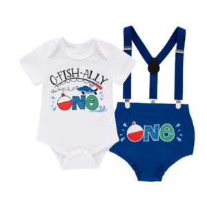 Fantasy Era Baby Boys O-Fish-Ally Printing 1st Birthday Outfit Funny Bowtie One Year Old Boys Romper Short Set （Blue，12-18Months）