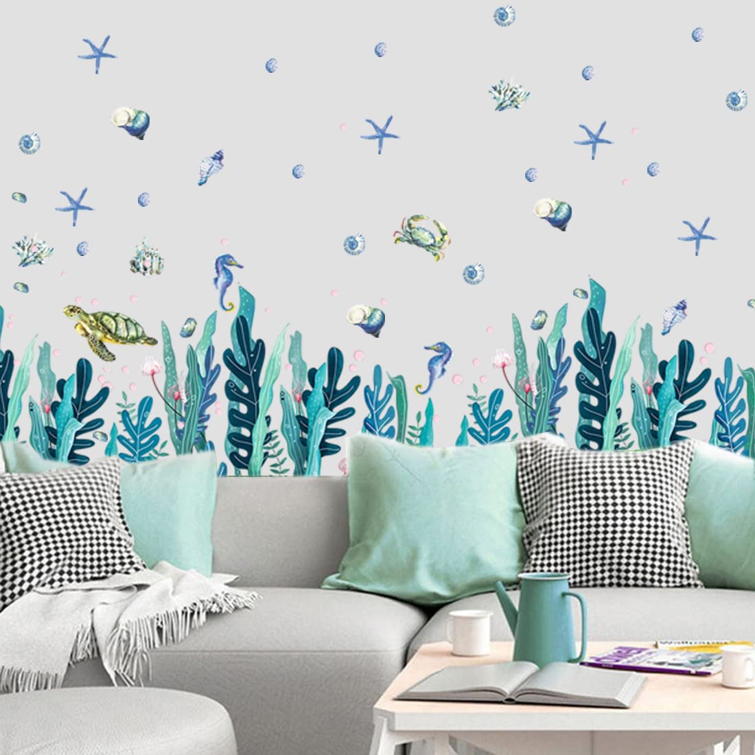 2 Sheets Under The Sea Wall Decals Sea Turtle Wall Stickers 3D Ocean Grass Seaweed Wall Decals for Kids,Room,Bathroom,Bedroom,Nursery,Home Wall Decoration,Toilet,Kitchen