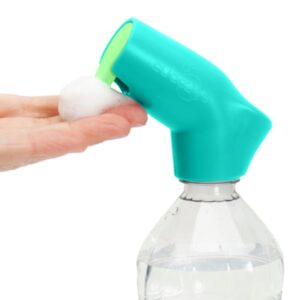 suds2go refillable caps, 2 pack - universal fit turns most disposable water bottles into a hand washing station - includes refillable soap reservoir - conveniently sized to take on the go - teal