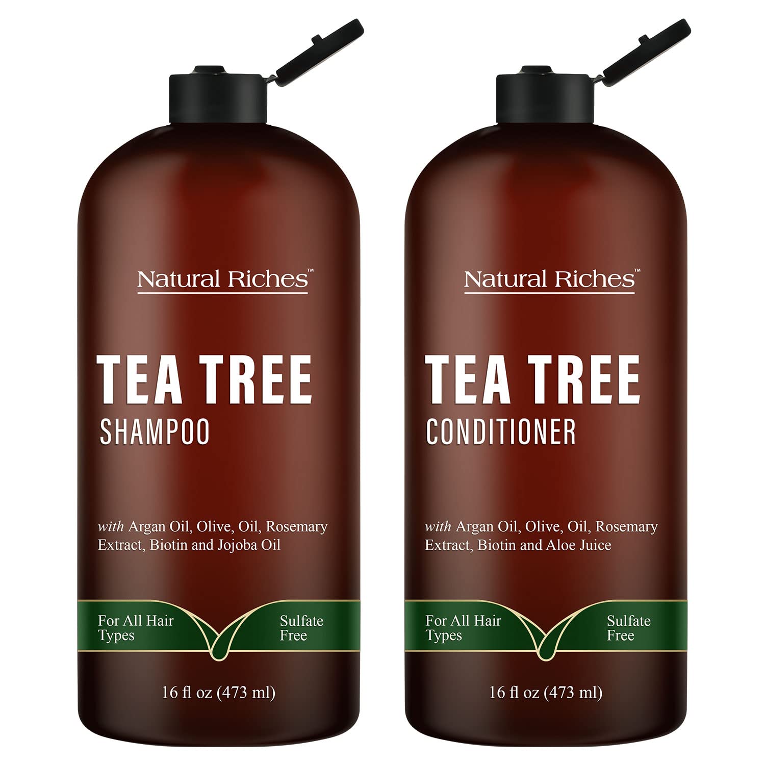 Natural Riches Refreshing Women's and Men's Shampoo and Conditioner Set - With Pure Tea Tree Oil, Boosts Shine, Tames Frizz, Sulfate-Free, Good for Dry, Itchy Scalp