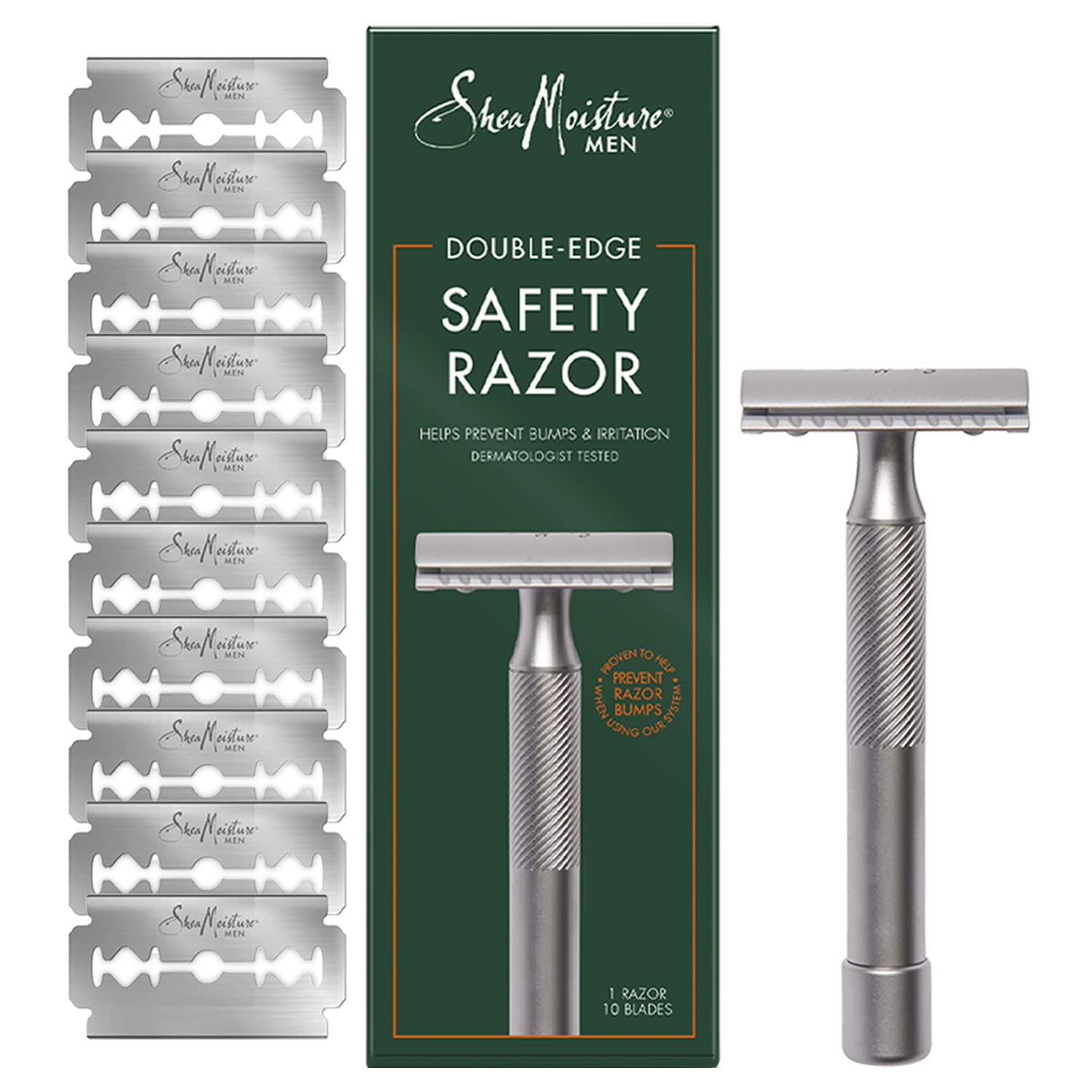 Shea Moisture Men, Double Edge Safety Razor with 10 Refill Double Edge Razor Blades for Men, Platinum Coated, Stainless Steel, Dad Gifts, 1 Razor Handle & 10 Razor Blades per Box