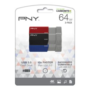 PNY USB 3.0 Flash Drives, 64GB, Assorted Colors, Pack Of 3 Drives