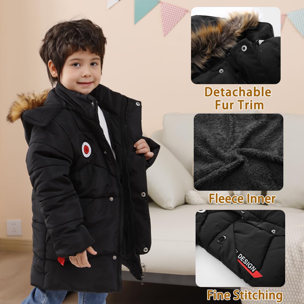 XIFAMNIY Boys Down Jacket Fur Collar Hood Thick Warm Winter Coat Parka Padded Outerwear 3-6T