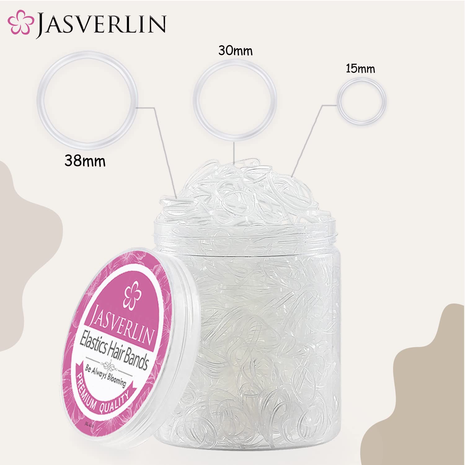 JASVERLIN Clear Hair Elastics Rubber Bands for Hair, Assorted Small Medium Large Variety Size Rubberbands Hair Ties Ponytail Holder Polybands for Toddler Girls Women Baby Mixed 2000pcs