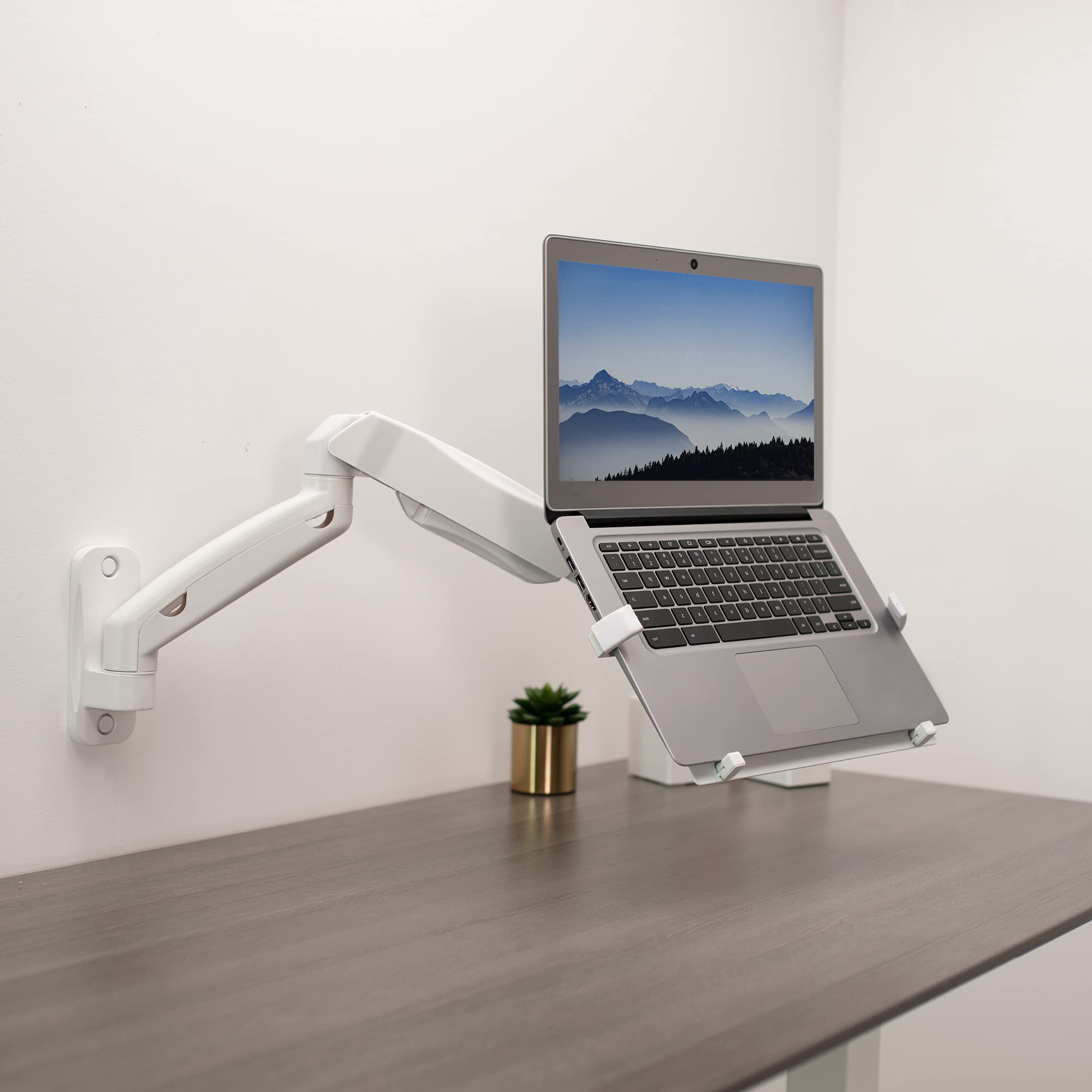 VIVO Height Adjustable Pneumatic Extended Arm Laptop Wall Mount, Full Motion Articulating Notebook Tray, Fits 10 to 15.6 inch Screen, White, MOUNT-V001GLW