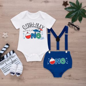 Fantasy Era Baby Boys O-Fish-Ally Printing 1st Birthday Outfit Funny Bowtie One Year Old Boys Romper Short Set （Blue，12-18Months）