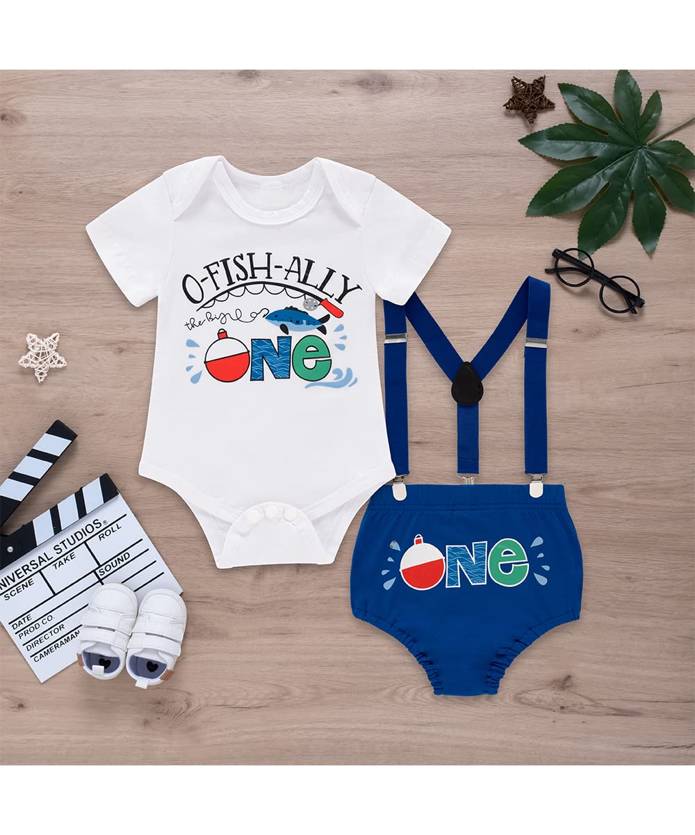 Fantasy Era Baby Boys O-Fish-Ally Printing 1st Birthday Outfit Funny Bowtie One Year Old Boys Romper Short Set （Blue，12-18Months）