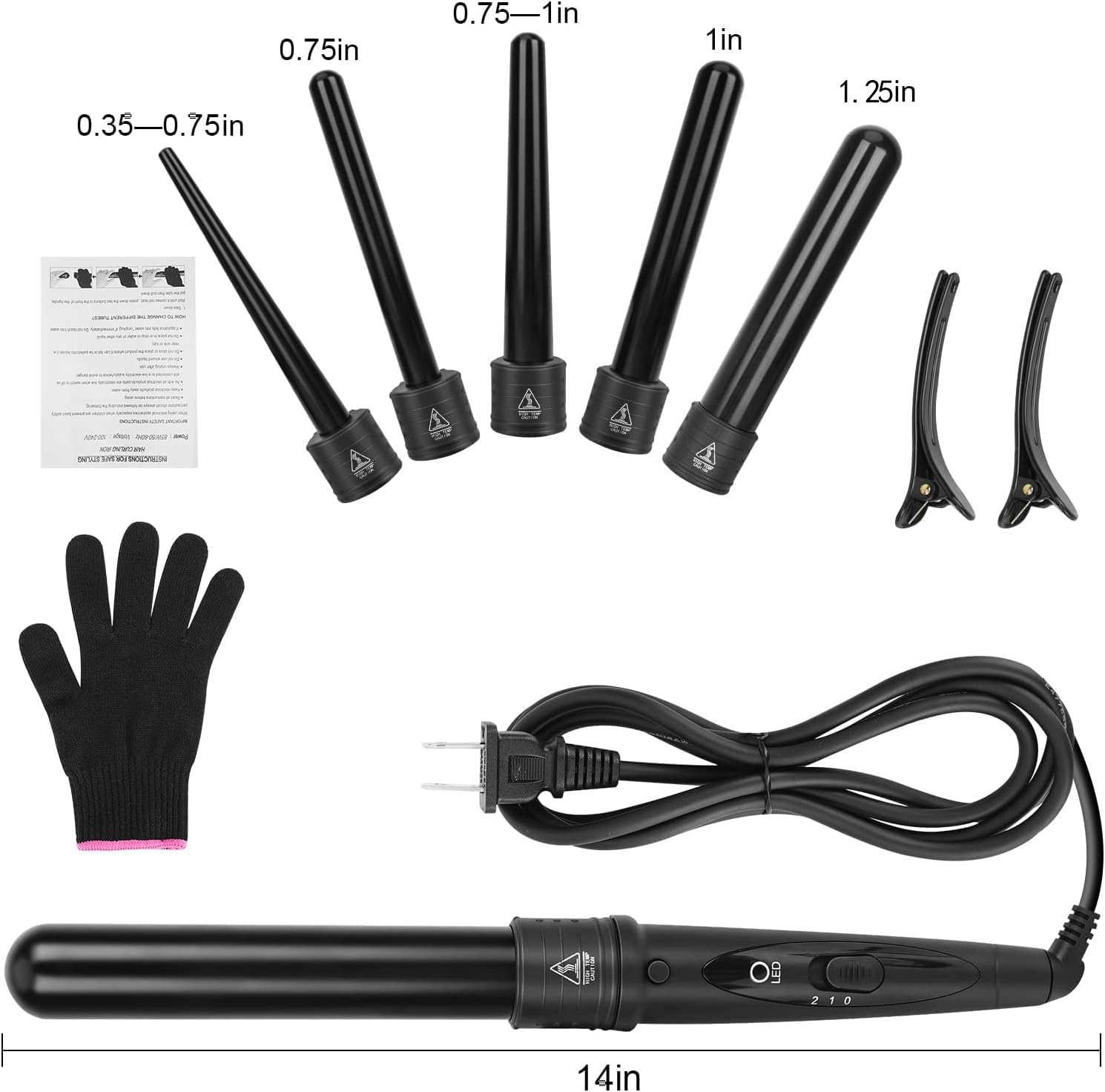 5 In 1 Curling Wand Set, Curling Iron Interchangeable Ceramic Barrels (0.35-1.25 Inch), Heating Hair Curler Kit with Protective Glove & 2 Clips Ceramic Coated for All Hair Types, Gift for Girls, Women